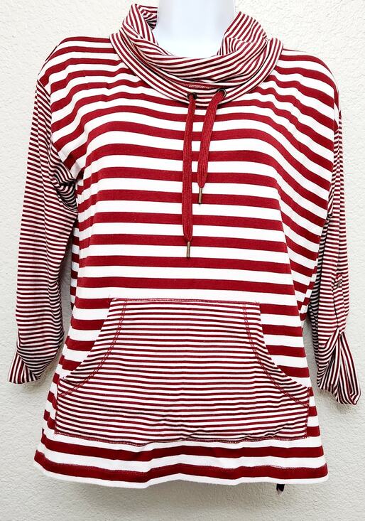 Ruby Rd. Tops - Ruby Rd. Red White Stripe Cowl Neck Long Roll Tab Sleeve Top PS Lightweight Soft
